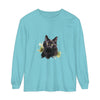 A long sleeve t-shirt featuring a watercolor splash design with a black cat motif