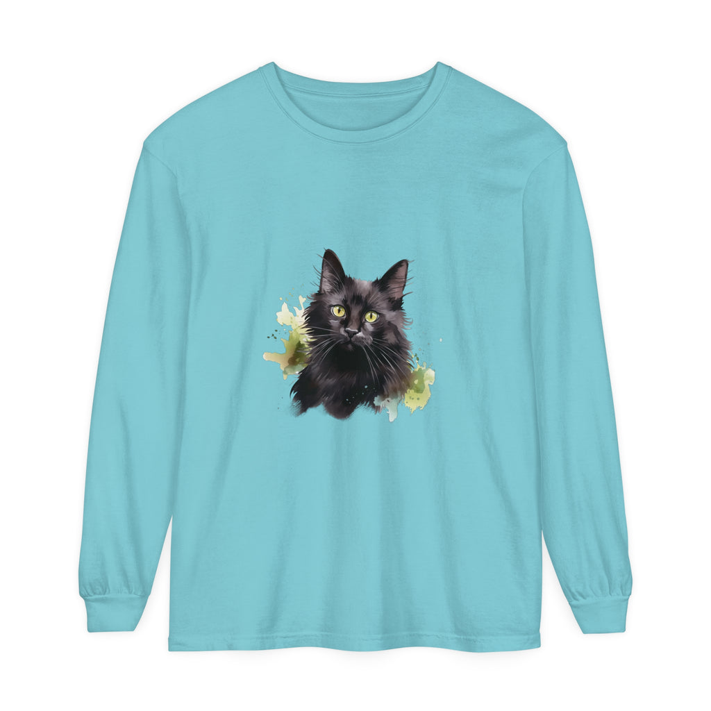 A long sleeve t-shirt featuring a watercolor splash design with a black cat motif