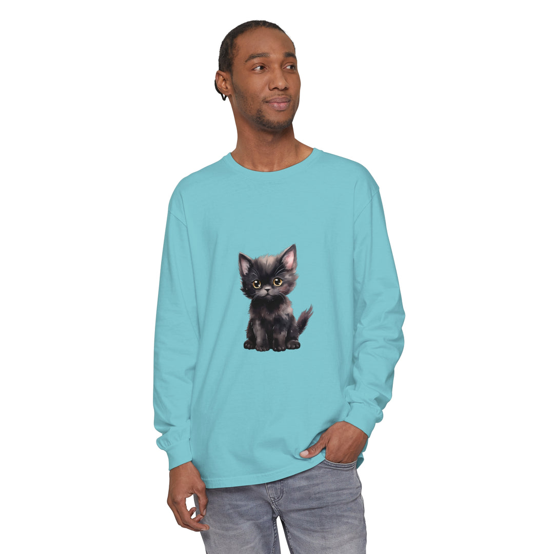 Adorable black kitten with striking yellow eyes printed on a comfortable long sleeve t-shirt