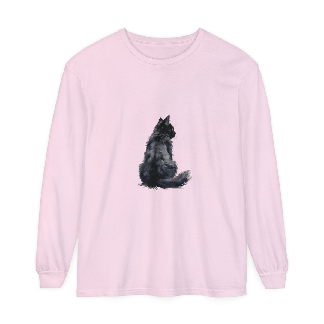 Black Cat Silhouette Unisex Long Sleeve T-Shirt - Comfortable and stylish shirt featuring a striking black cat design against a bold background