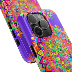 Beautiful and intricate hand-drawn purple Mandala art phone case design