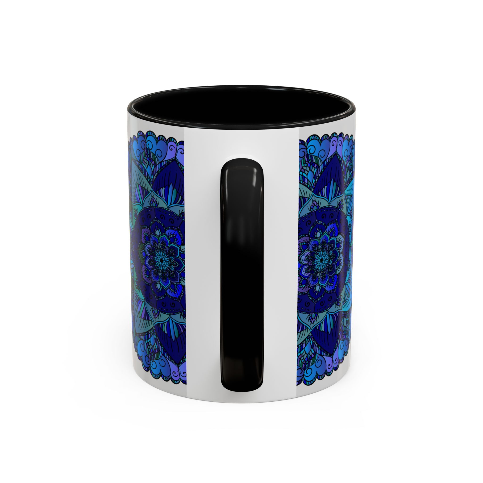 Handcrafted ceramic mug with blue and purple mandala design, inspired by bohemian art and perfect for enjoying your favorite hot beverage