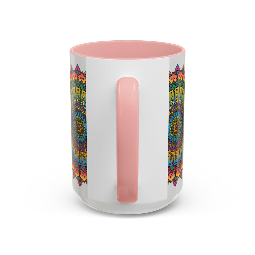 A colorful ceramic mug featuring a vibrant mandala art design, perfect for spiritual and artistic individuals