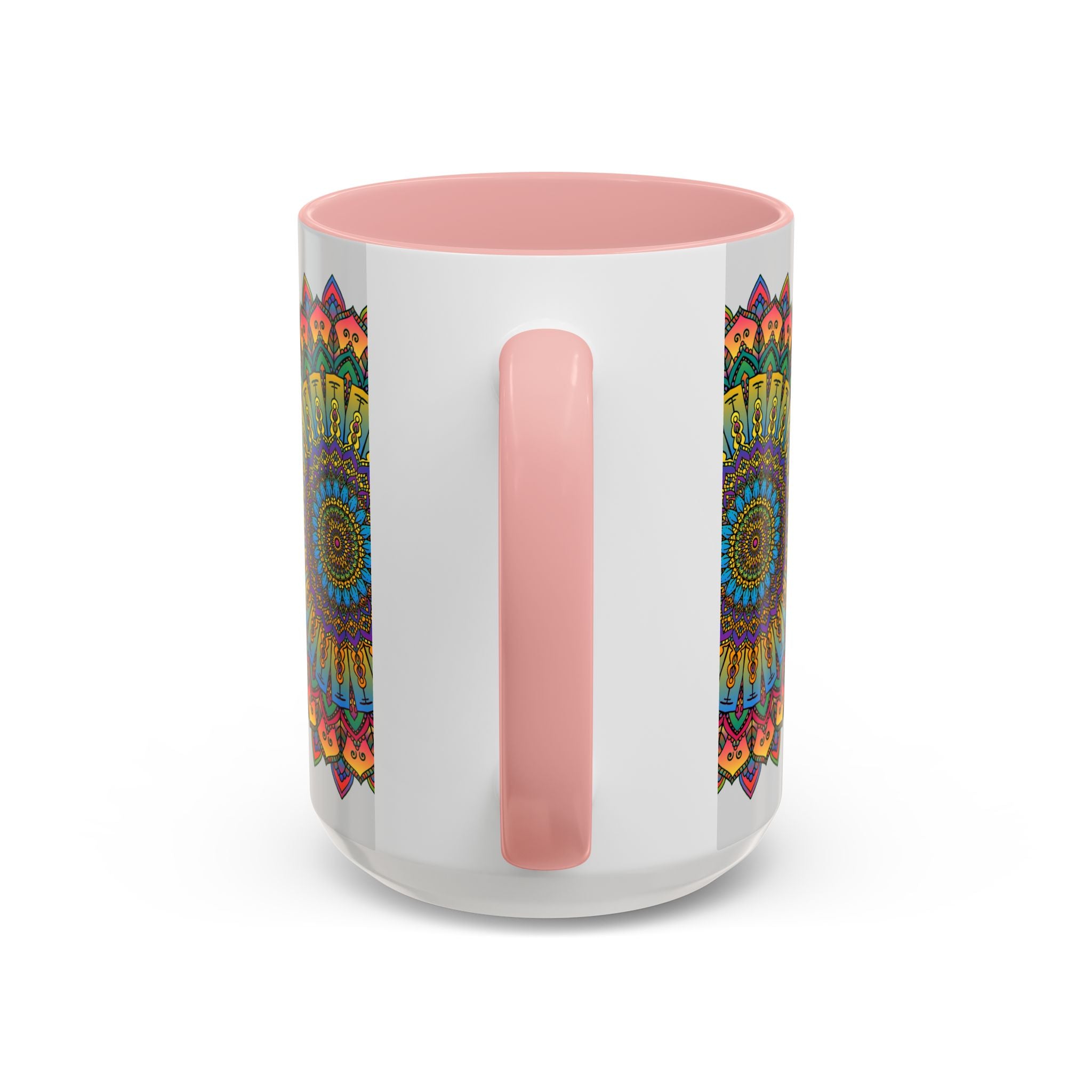 A colorful ceramic mug featuring a vibrant mandala art design, perfect for spiritual and artistic individuals