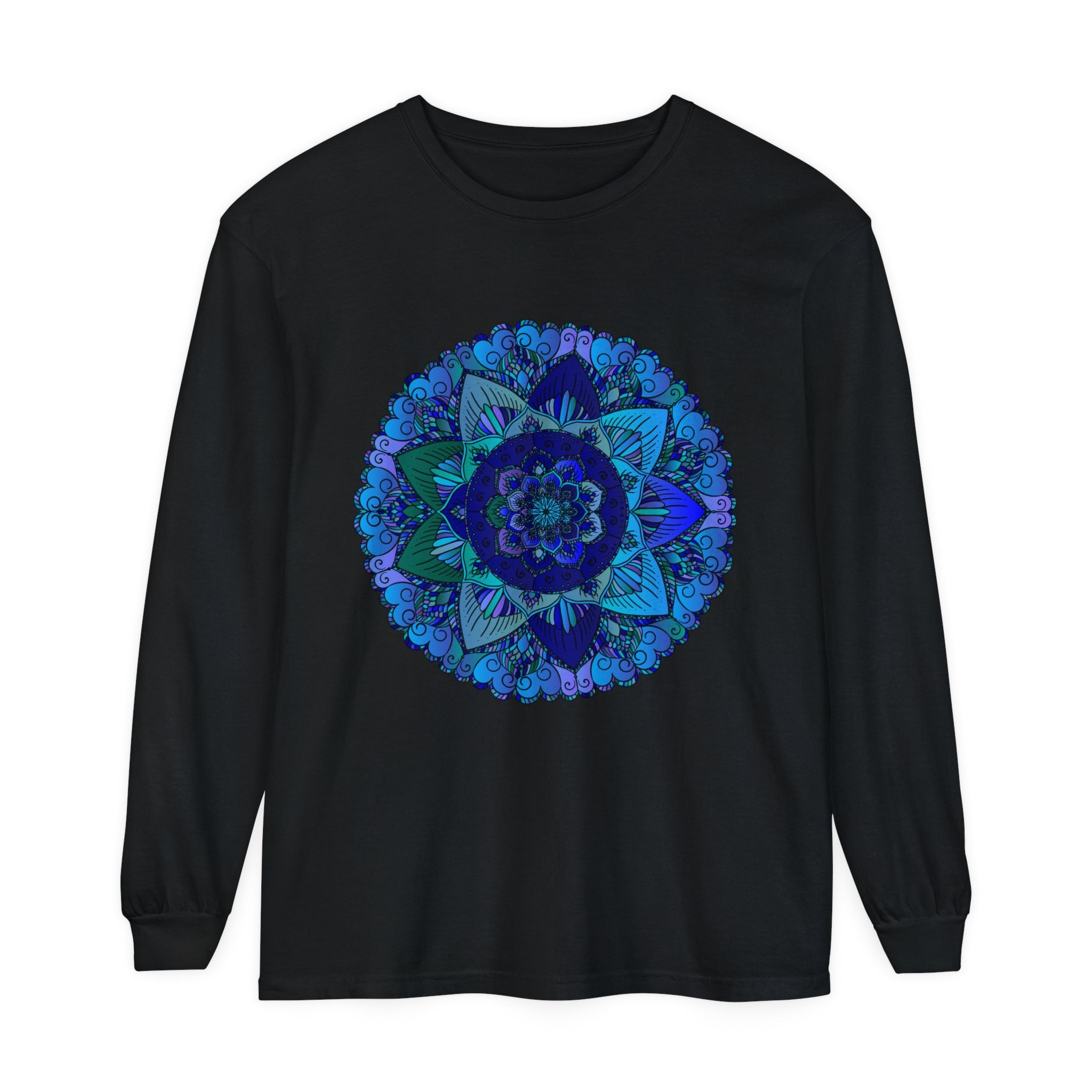 Dark blue and green mandala long sleeve t-shirt with intricate design