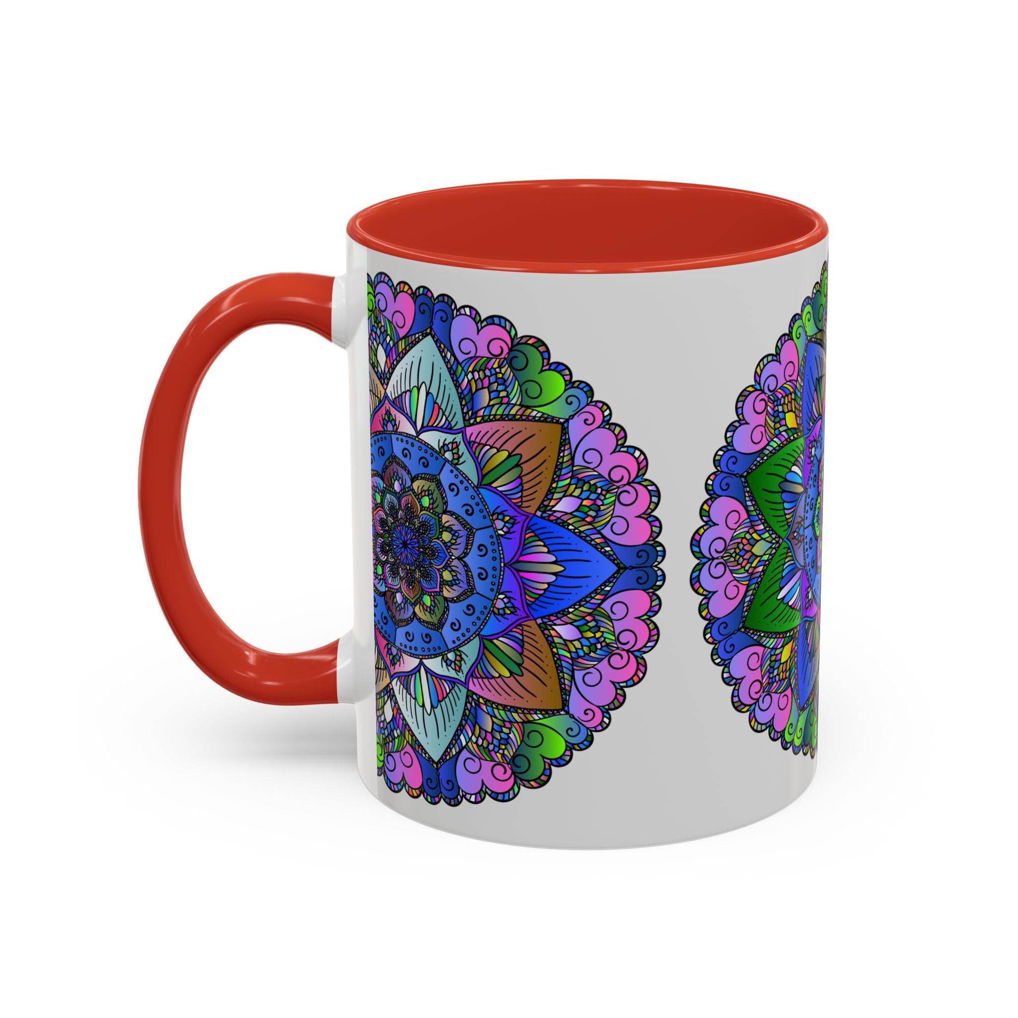 A vibrant and intricate mandala design adorns a ceramic mug, creating a peaceful and colorful art piece