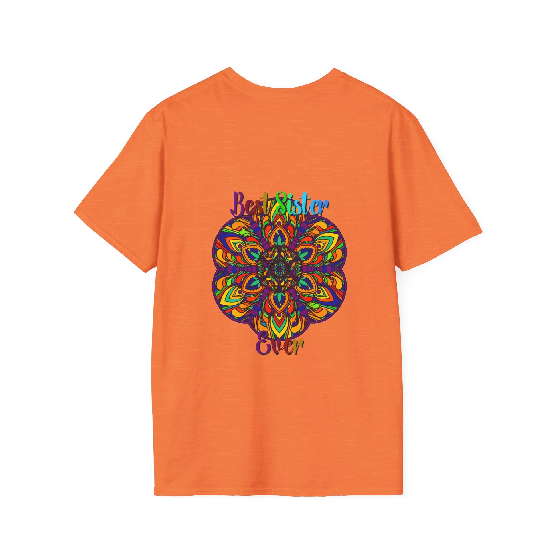 Colorful, intricately detailed mandala art design on a soft unisex T-shirt, perfect for gifting to a sister with a hand-drawn touch