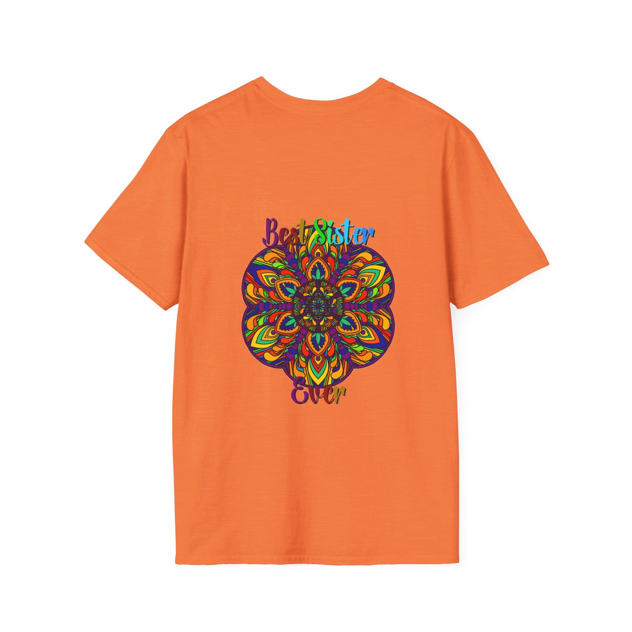 Colorful, intricately detailed mandala art design on a soft unisex T-shirt, perfect for gifting to a sister with a hand-drawn touch