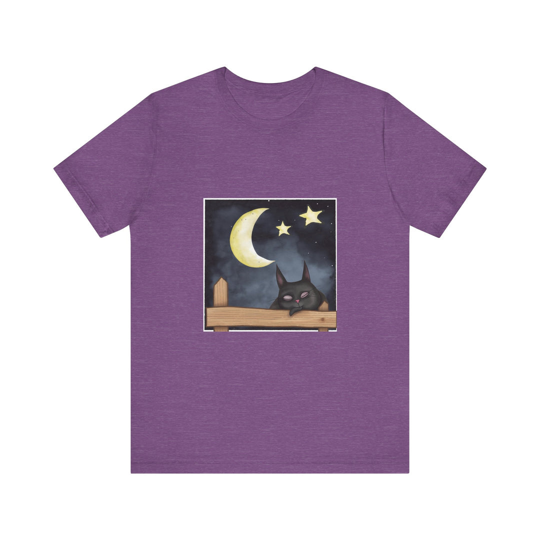 A high-quality, comfortable black t-shirt with an adorable sleepy cat design under the moonlit night