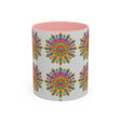 Colorful mandala mug featuring vibrant and intricate art on grey background