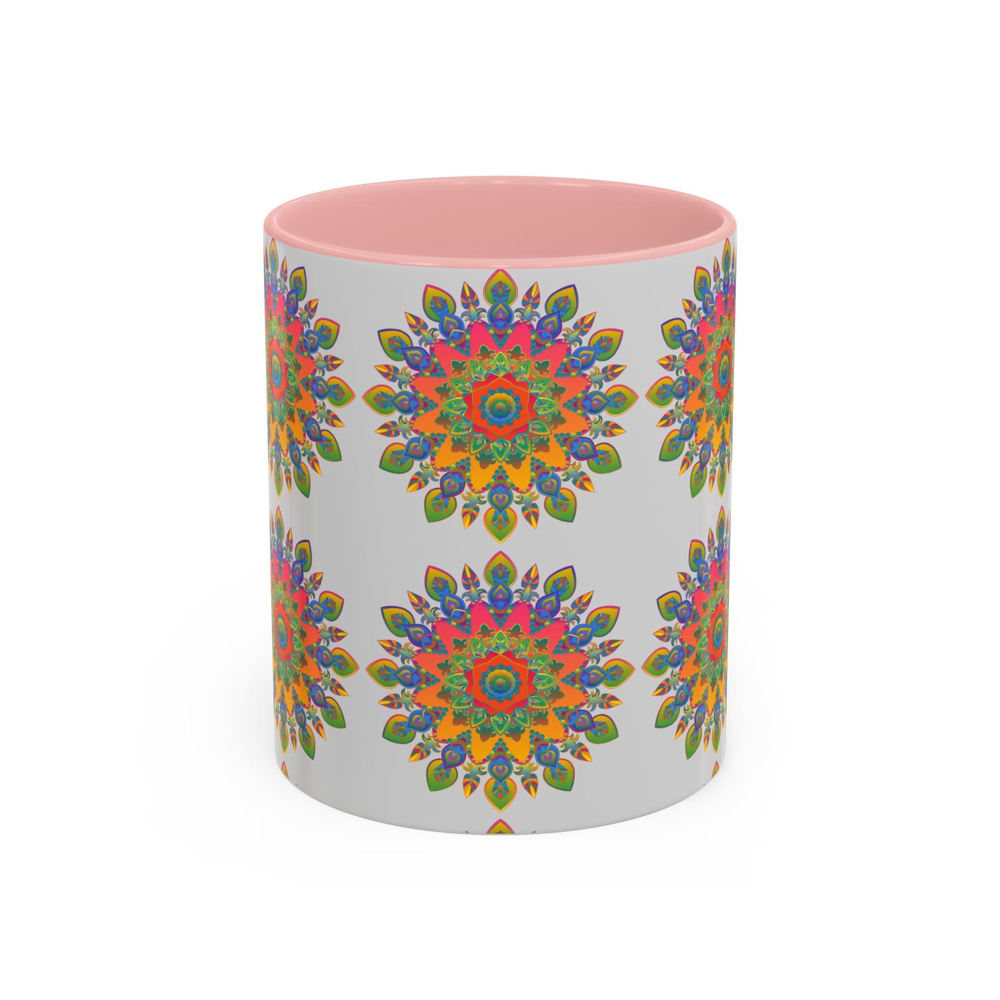 Colorful mandala mug featuring vibrant and intricate art on grey background