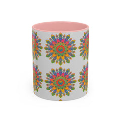 Colorful mandala mug featuring vibrant and intricate art on grey background