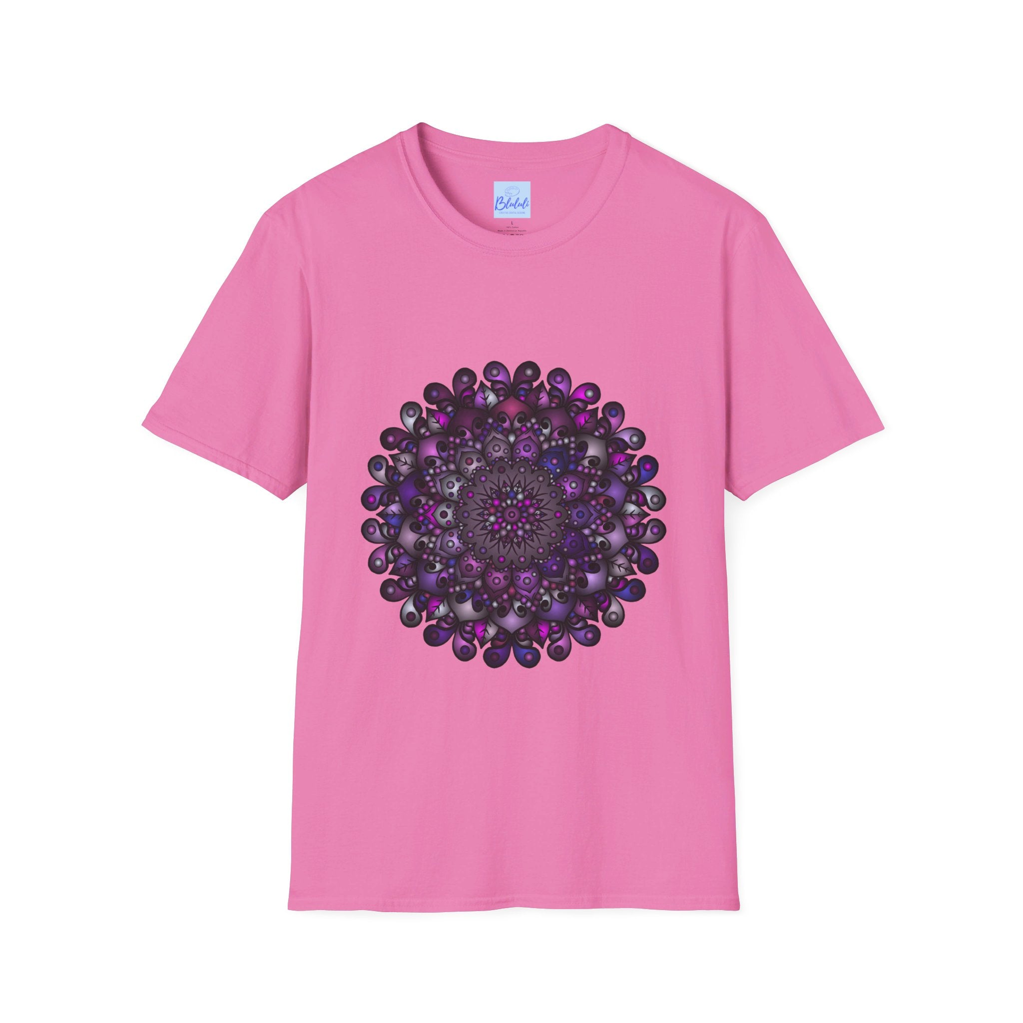 Colorful, intricate mandala design on softstyle t-shirt, handmade with care