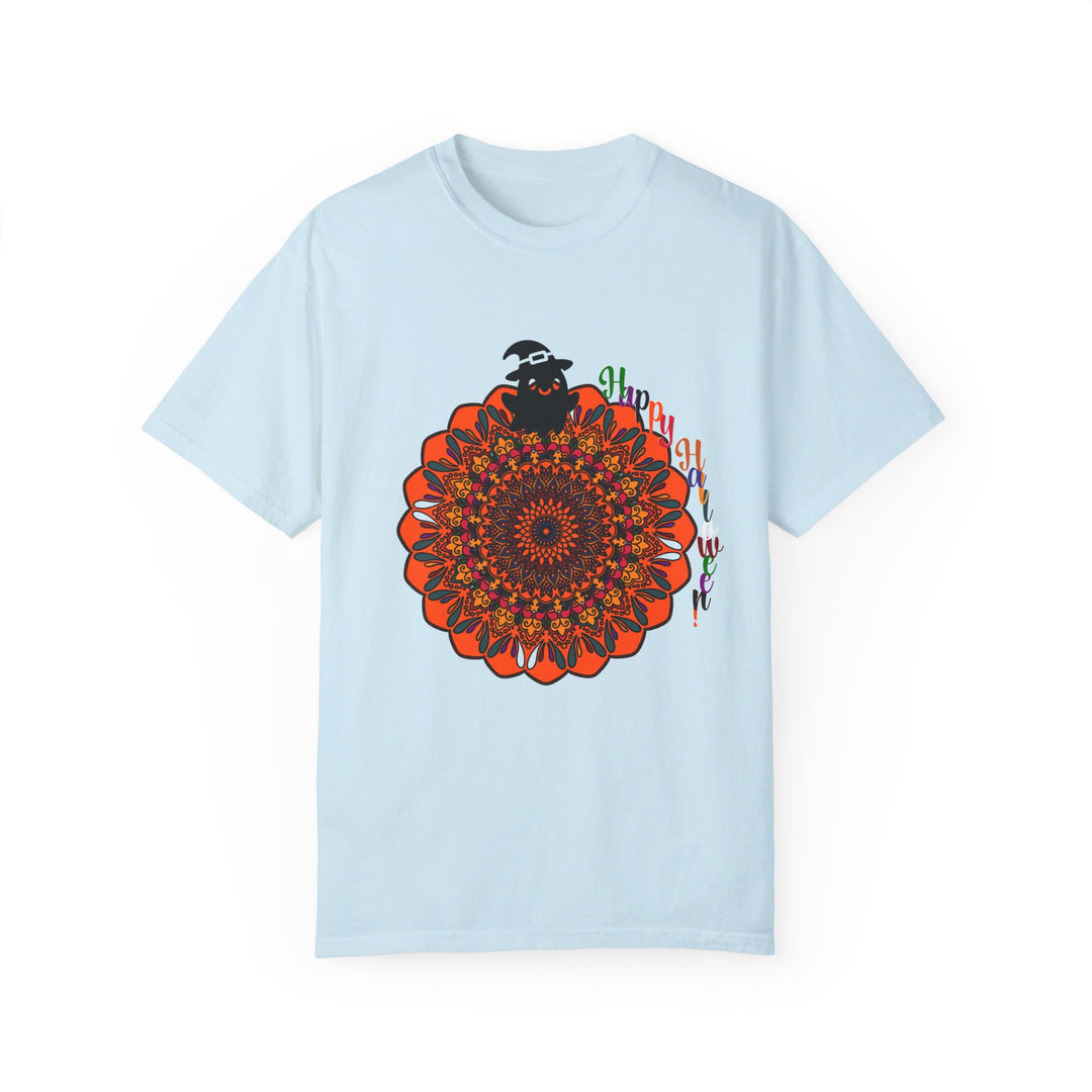 Handmade unisex Halloween Mandala T-shirt featuring intricate pumpkin mandala art on a garment-dyed tee