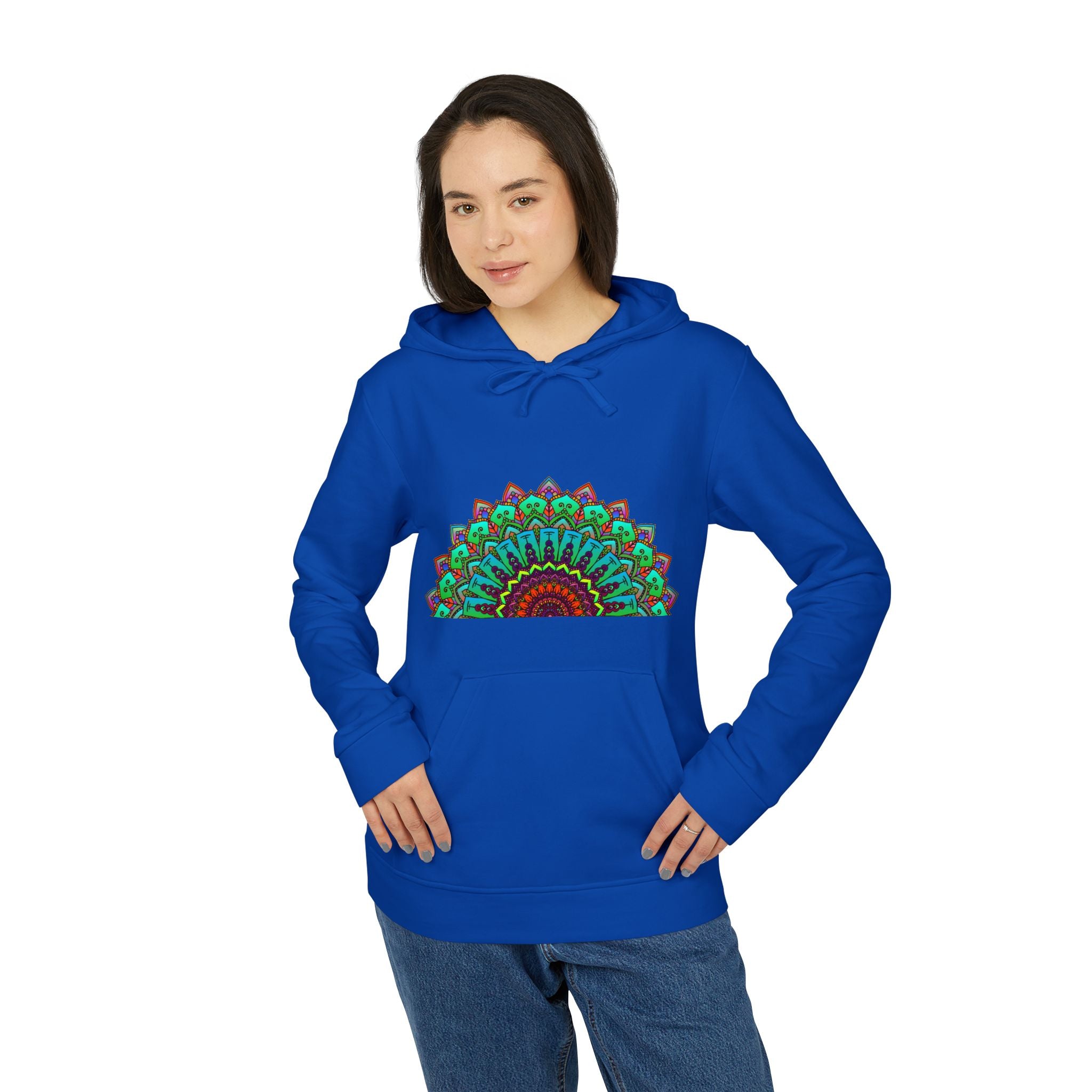 Neon Mandala Adidas Fleece Hoodie with colorful mandala design on front