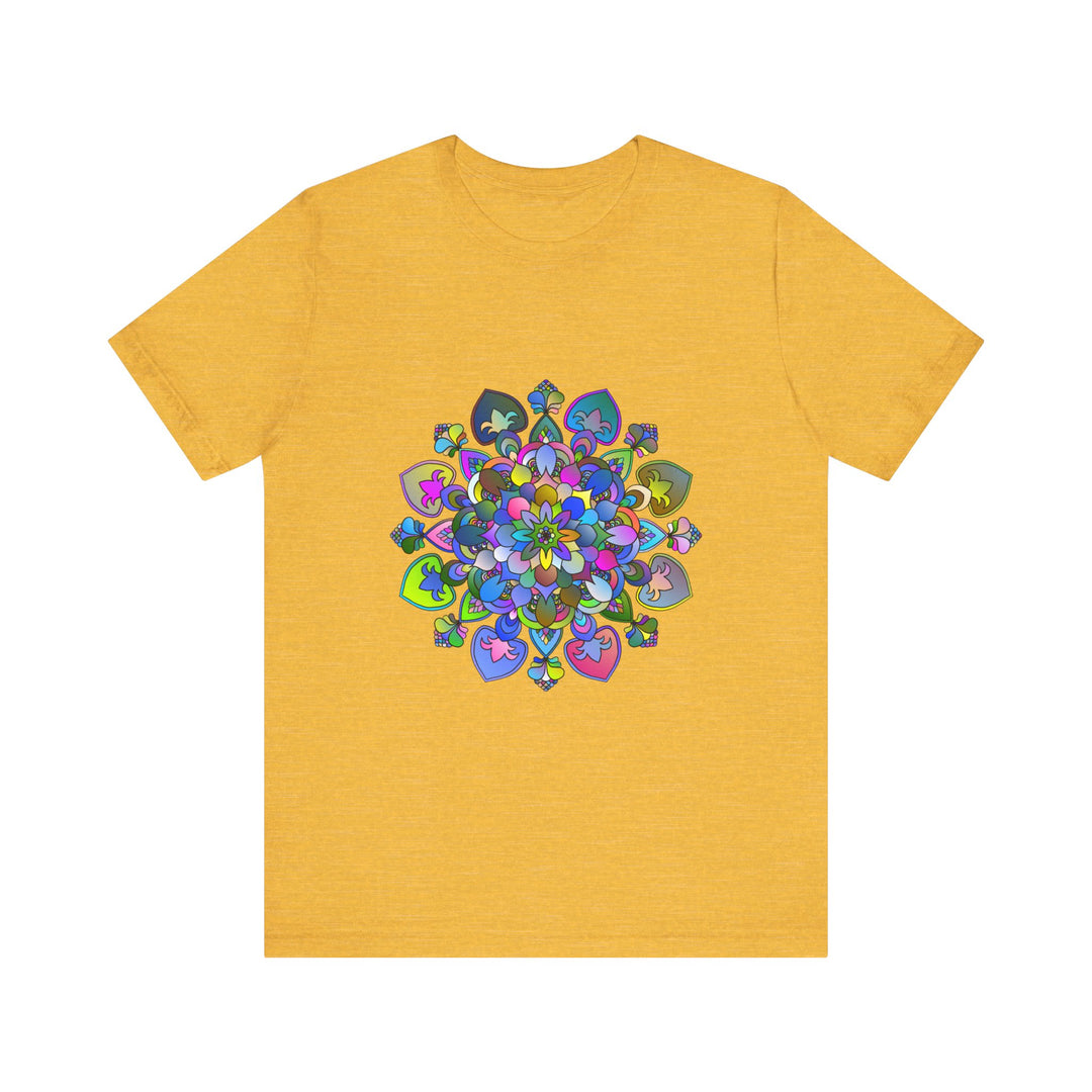 Colorful and intricate mandala design t-shirt featuring vibrant, eye-catching art