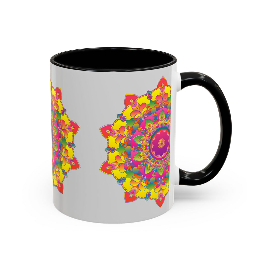 Beautiful grey mug with vibrant mandala art, perfect for adding color to your morning routine