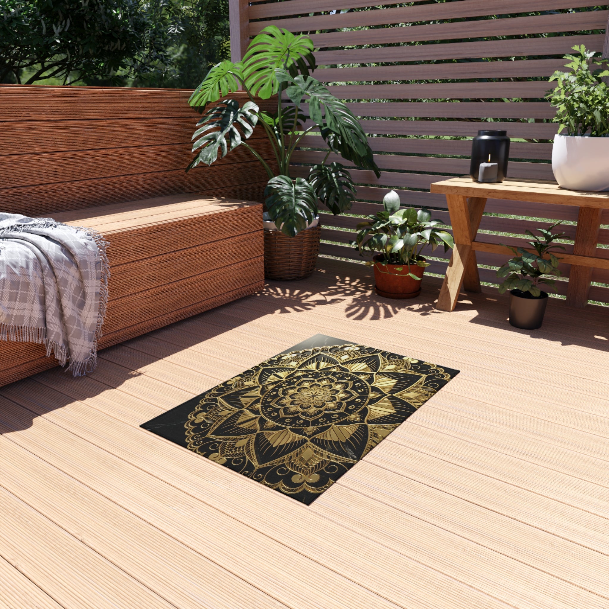 Gold Mandala Outdoor Rug — Boho Patio Mat for Porch, Deck & Garden