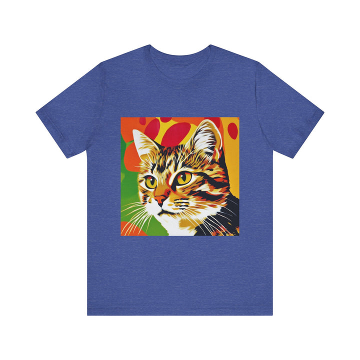 Colorful short sleeve tee with a pop art design featuring a tabby cat