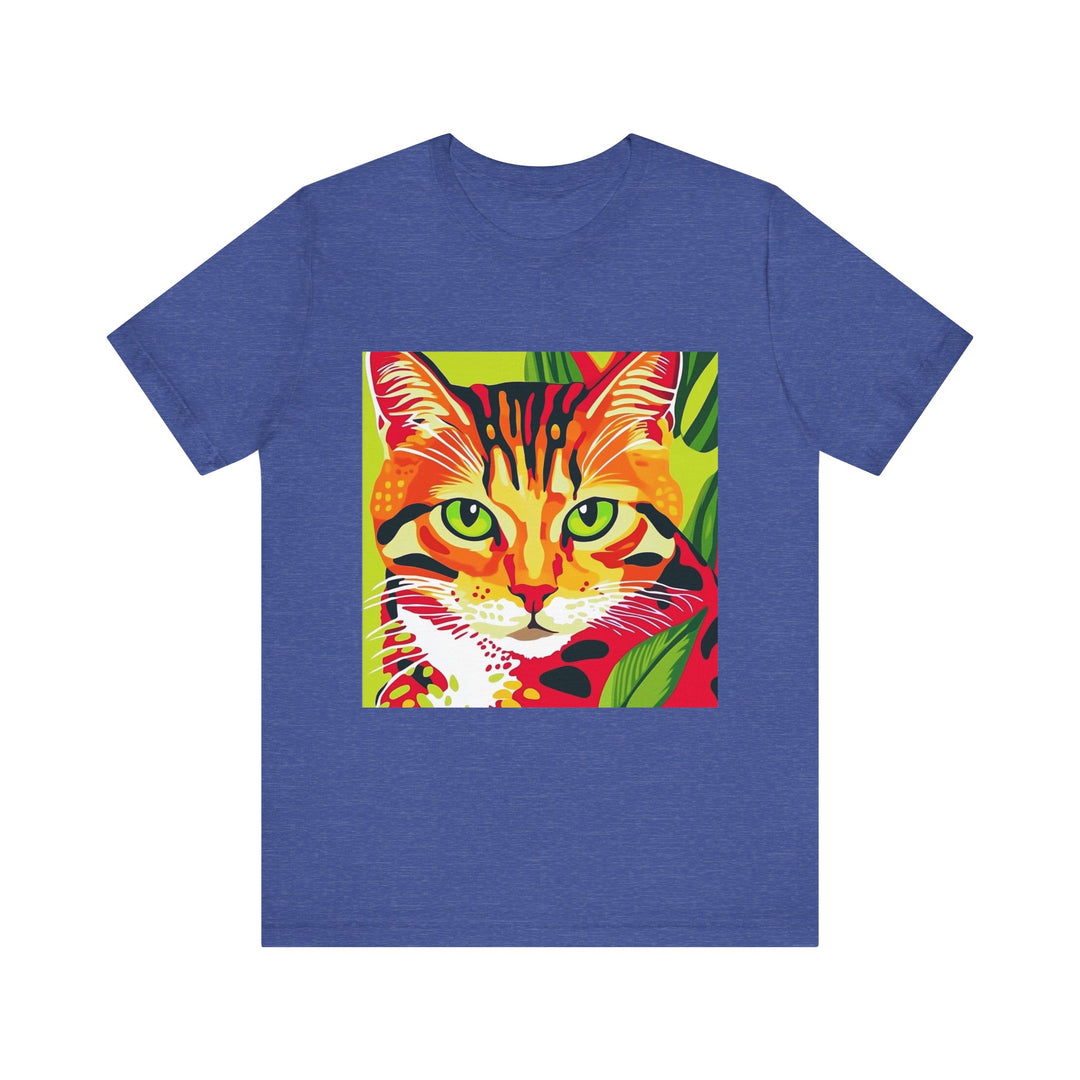 White short sleeve tee with cute and colorful striped cat design