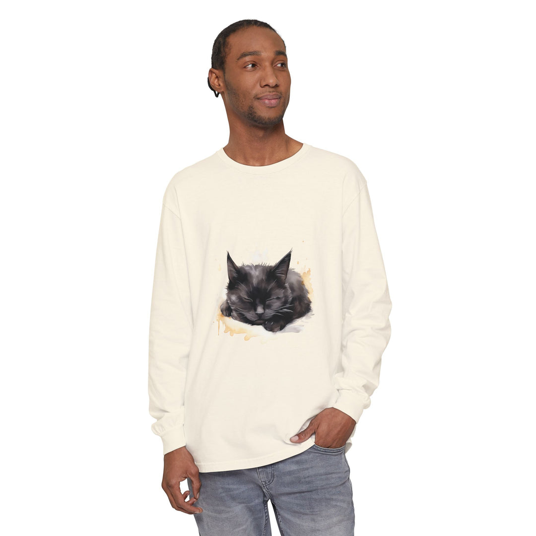 Langarm-T-Shirt mit Aquarellmotiv „Schlafende Katze“
