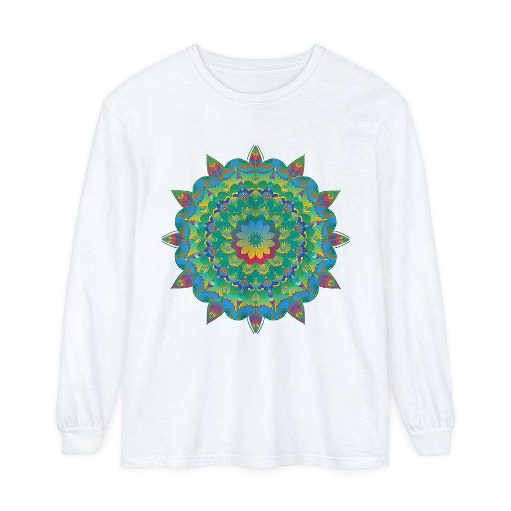 Colorful psychedelic mandala design long sleeve t-shirt on a white background