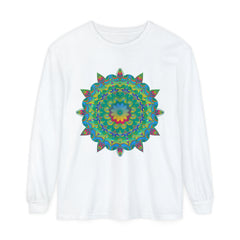 Colorful psychedelic mandala design long sleeve t-shirt on a white background