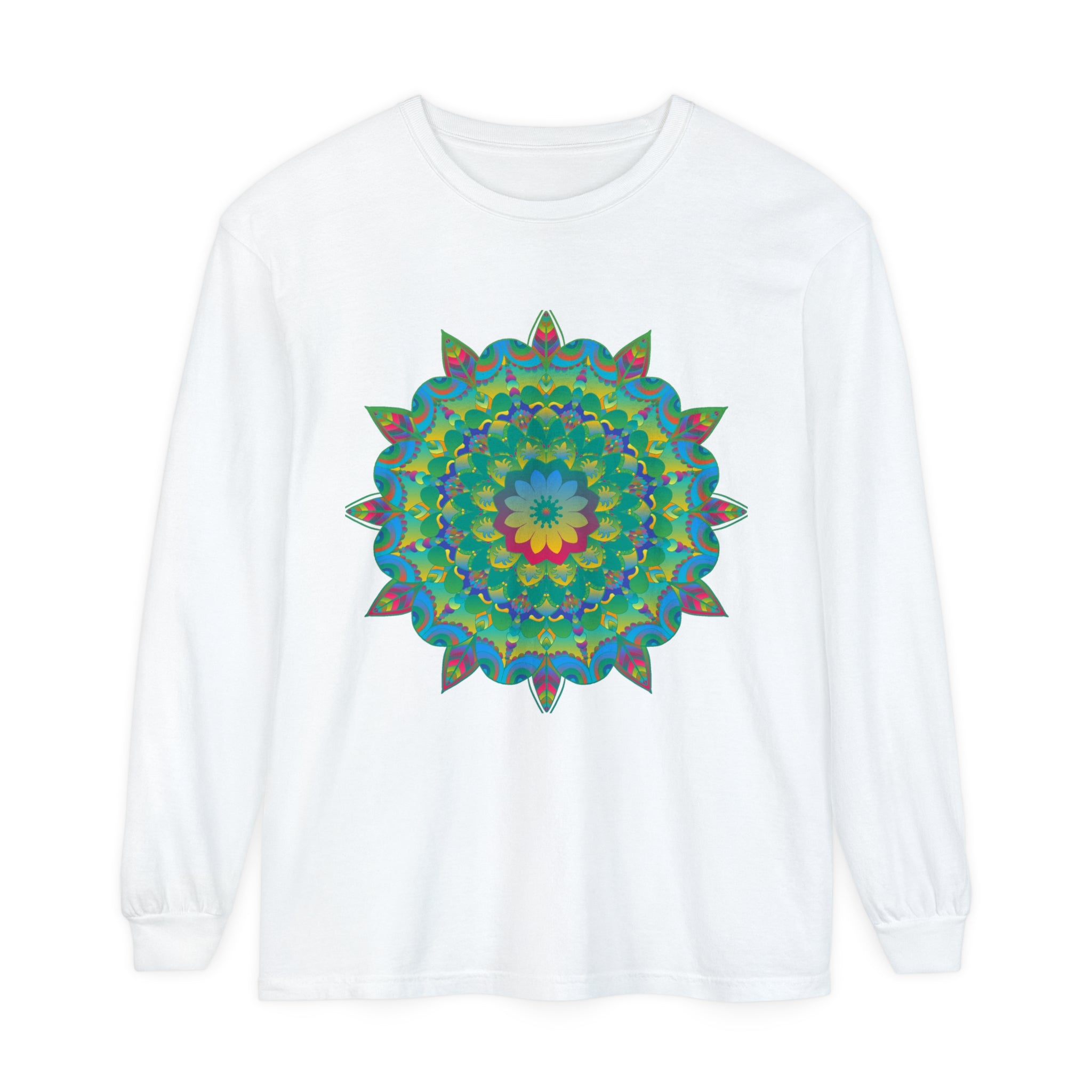 Colorful psychedelic mandala design long sleeve t-shirt on a white background