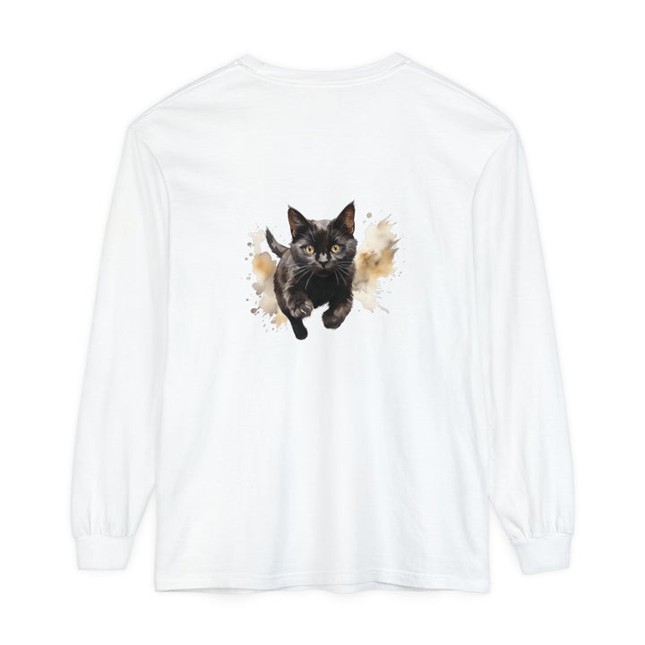 Black Cat Watercolor Sprint Unisex T-Shirt in black, featuring vibrant watercolor print of a fierce black cat against a colorful background