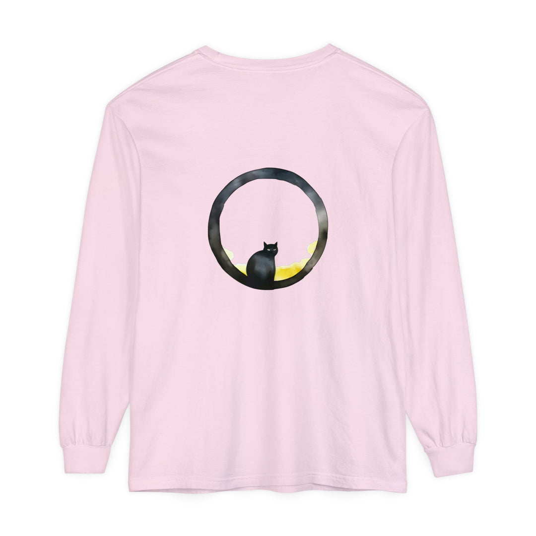 Black Cat Moon Glow Long Sleeve T-Shirt, a stylish and cozy option for Halloween lovers