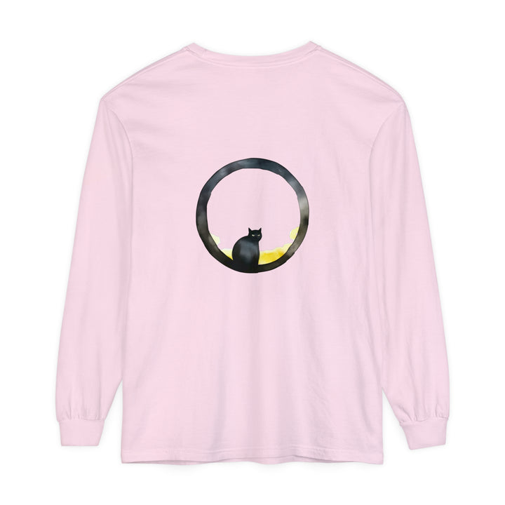 Black Cat Moon Glow Long Sleeve T-Shirt, a stylish and cozy option for Halloween lovers