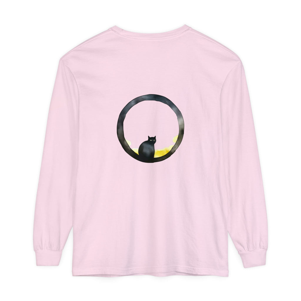 Black Cat Moon Glow Long Sleeve T-Shirt, a stylish and cozy option for Halloween lovers