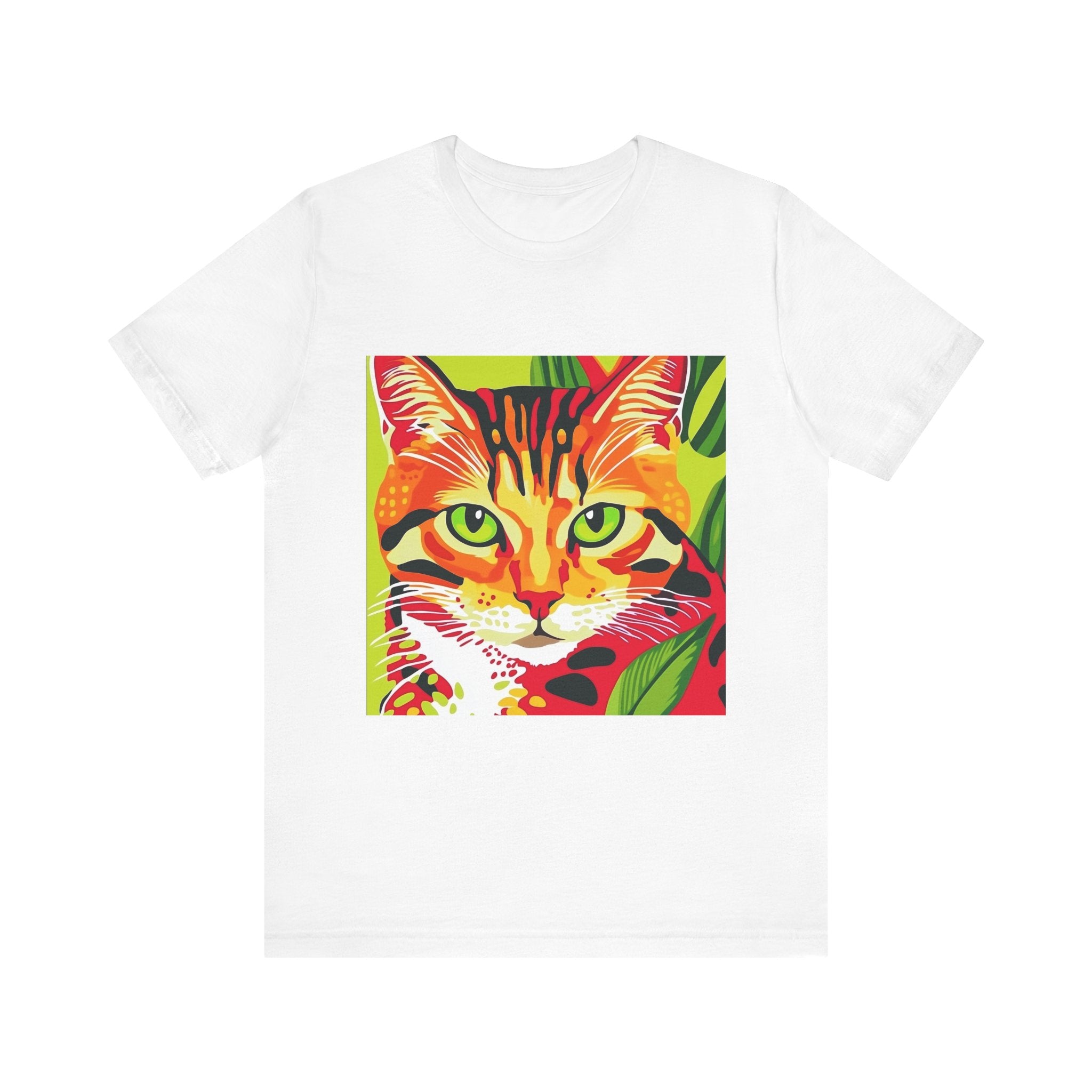 A close-up image of a white short sleeve tee with a colorful striped cat graphic on the front, known as the Savana Stripes Cat Short Sleeve Tee