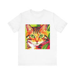 A close-up image of a white short sleeve tee with a colorful striped cat graphic on the front, known as the Savana Stripes Cat Short Sleeve Tee
