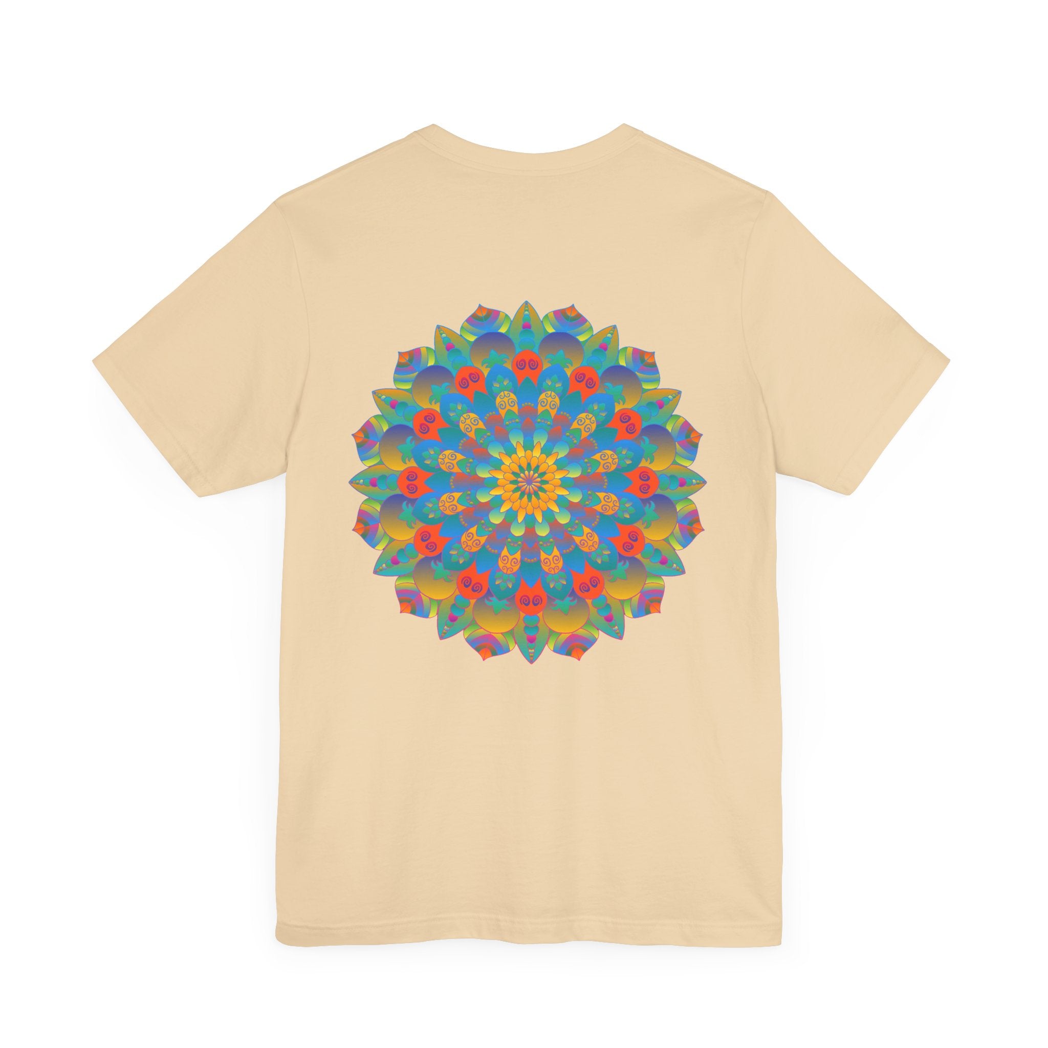 Colorful and intricate psychedelic mandala design on a t-shirt promoting spiritual peace and tranquility