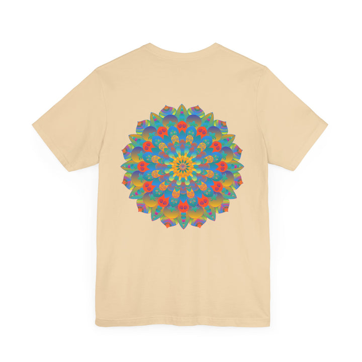 Colorful and intricate psychedelic mandala design on a t-shirt promoting spiritual peace and tranquility