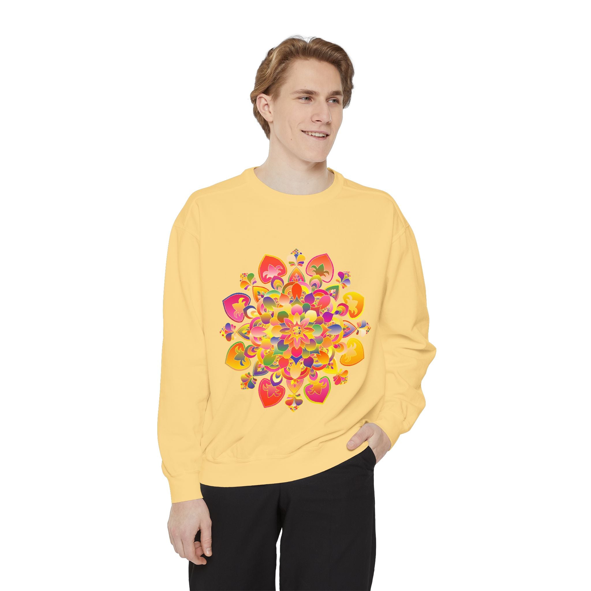 Colorful and detailed sweatshirt with vibrant mandala design in various colors