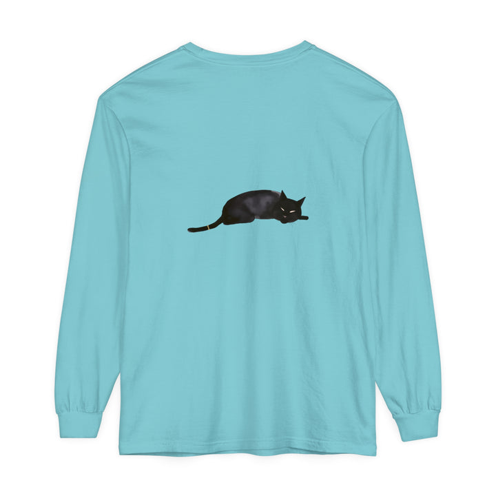 A cozy unisex long sleeve t-shirt featuring a sleeping black cat design