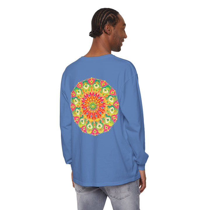 Intricate mandala long sleeve t-shirt featuring vibrant and colorful art design