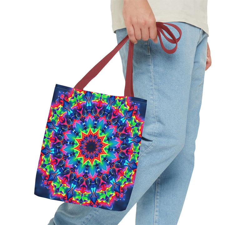 Colorful and intricate psychedelic mandala tote bag with vibrant design and durable material for everyday use and stylish statement piece