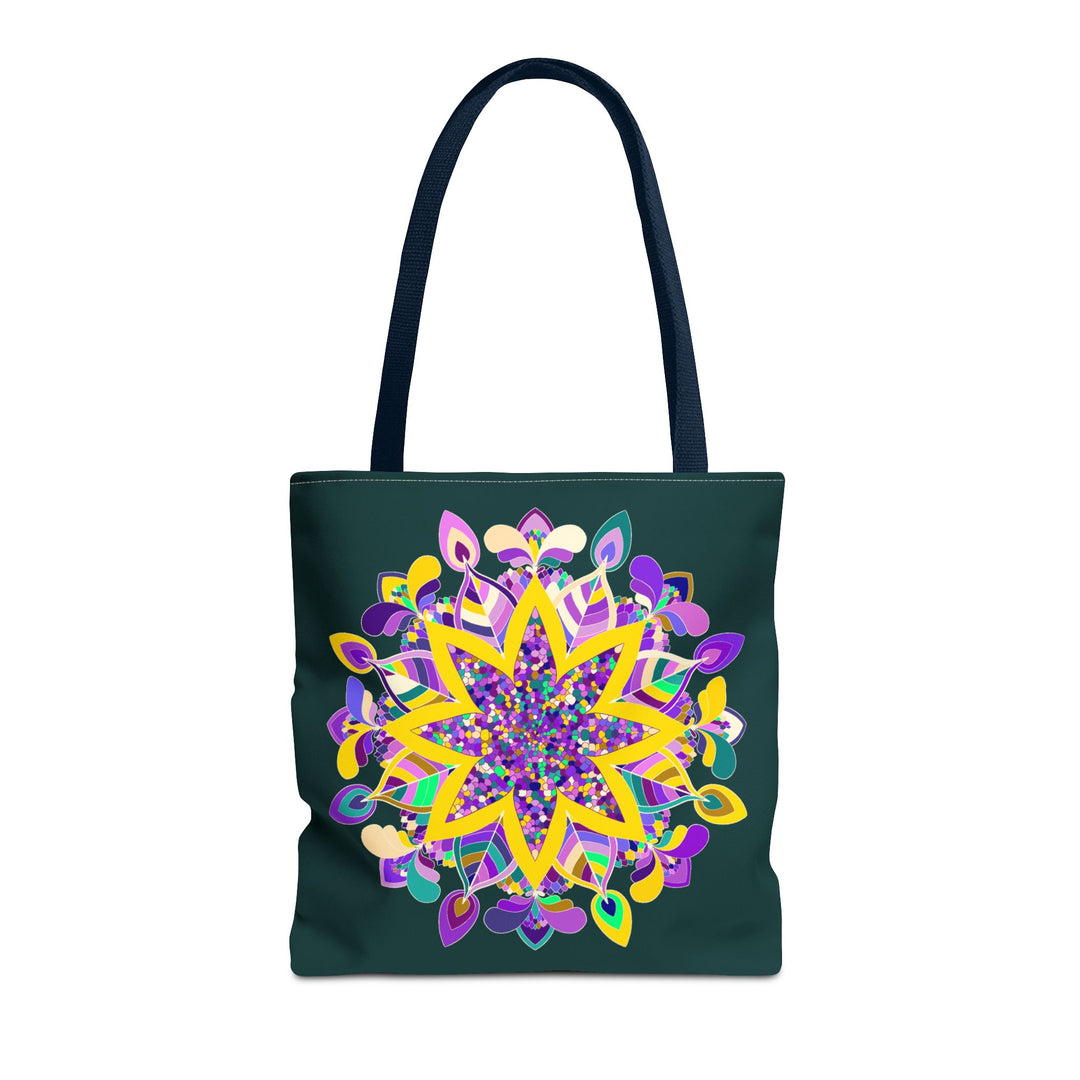 Colorful mandala tote bag in dark green, featuring a zen girl design by Blululi