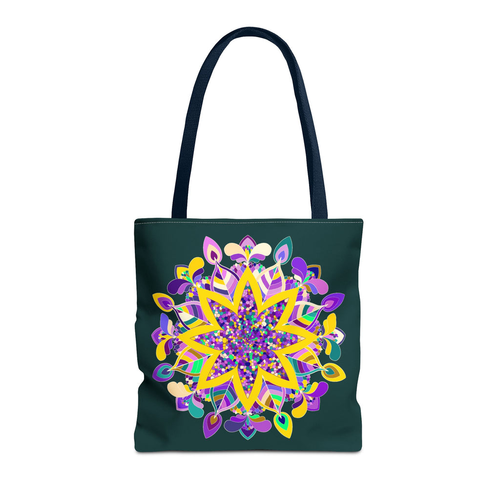 Colorful mandala tote bag in dark green, featuring a zen girl design by Blululi