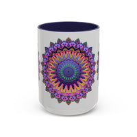 Beautiful grey mug with vibrant mandala art, perfect for coffee and tea lovers