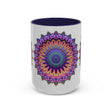 Beautiful grey mug with vibrant mandala art, perfect for coffee and tea lovers