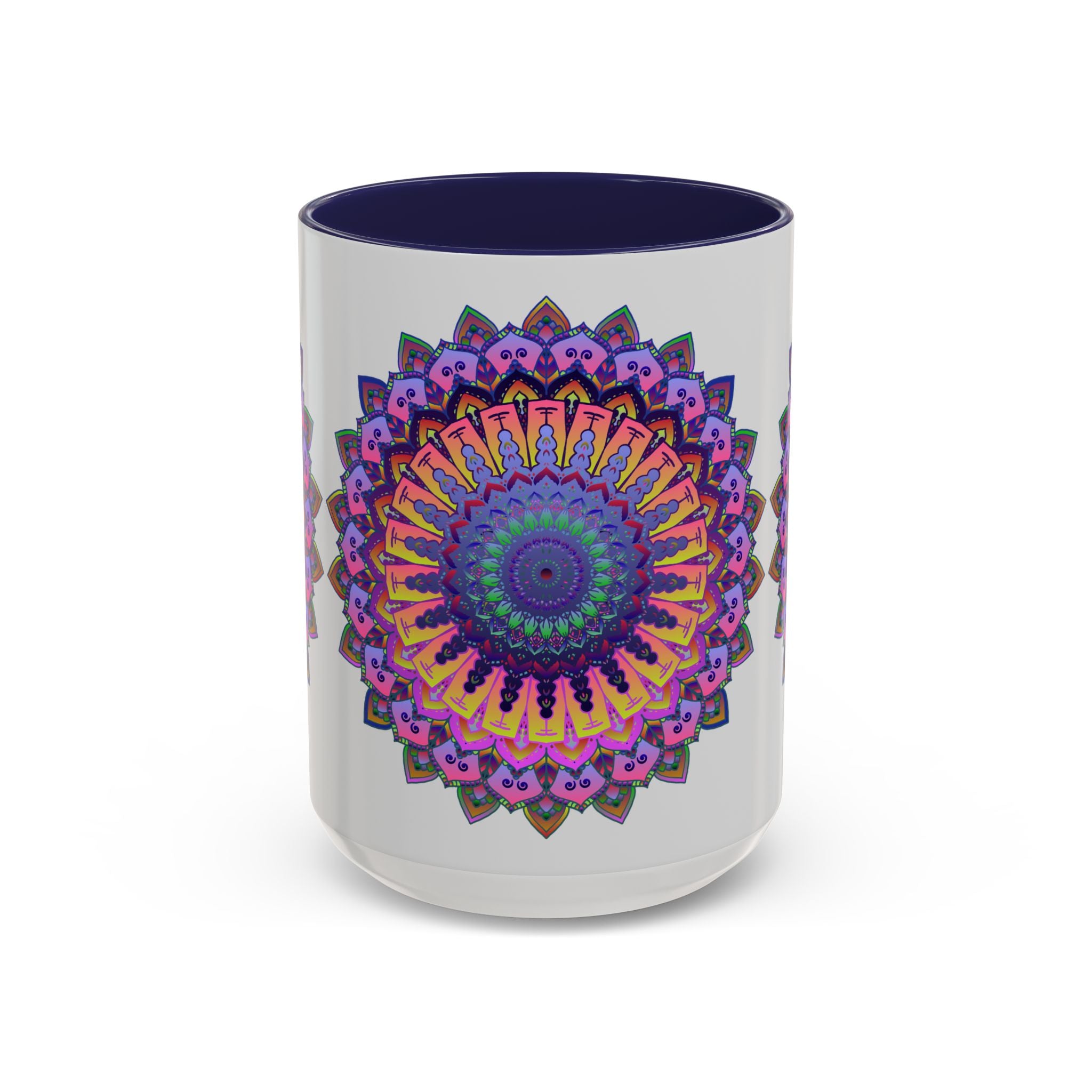 Beautiful grey mug with vibrant mandala art, perfect for coffee and tea lovers