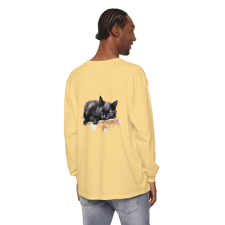 Relaxing and serene sleeping black cat watercolor t-shirt design