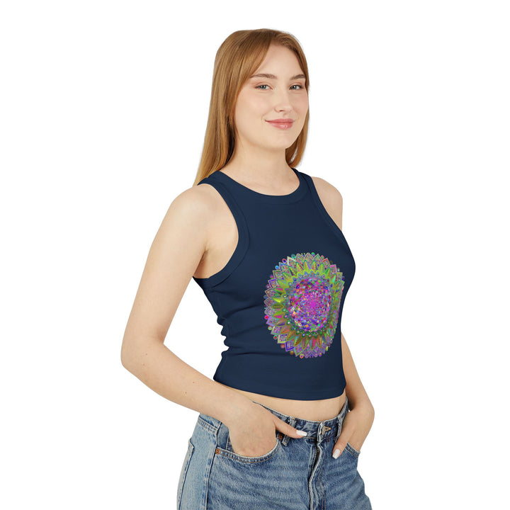 Colorful and intricate mandala design on a comfortable and stylish racerback tank top for women