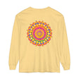 Vibrant and intricate colorful mandala design on a long sleeve T-shirt, inspired by psychedelic art