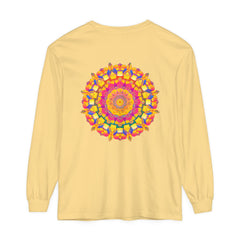 Vibrant and intricate colorful mandala design on a long sleeve T-shirt, inspired by psychedelic art