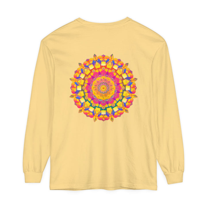 Vibrant and intricate colorful mandala design on a long sleeve T-shirt, inspired by psychedelic art